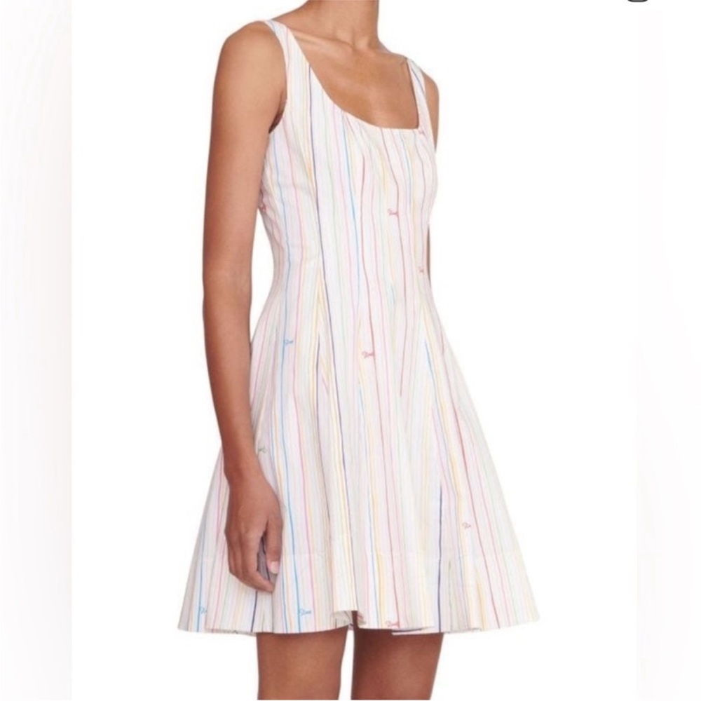 STAUD White Mini Wells Dress with Pastel Rainbow Stripes